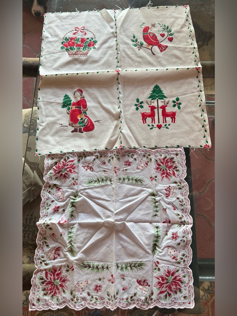 Vintage MidCentury Holiday poinsettia Hankie And 1980 Stencil Fabric Panel Nice